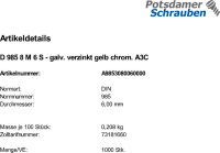 1000 Sechskantmuttern DIN 985 Kl. 8 gelb verzinkt M6