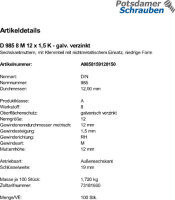 100 Feingewinde Sechskantmuttern DIN 985 Kl. 8 verzinkt M12x1,5