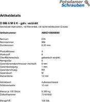 100 Hutmuttern DIN 986 6 M6 verzinkt Stahl