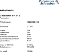 100 Passscheiben DIN 988 Stahl 8x14x1