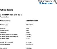 100 Passscheiben DIN 988 Stahl 15x21x2,0