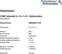 100 Stützscheiben DIN 988 Federstahl 8x14x1,2