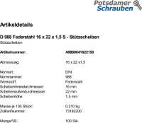 100 Stützscheiben DIN 988 Federstahl 16x22x1,5