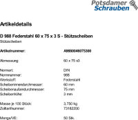 50 Stützscheiben DIN 988 Federstahl 60x75x3