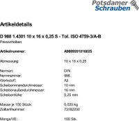 100 Edelstahl Passscheiben DIN 988 1.4301 10x16x0,25