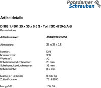 100 Edelstahl Passscheiben DIN 988 1.4301 25x35x0,5