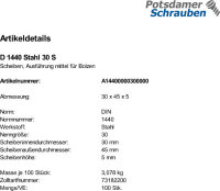 100 Scheiben für Bolzen DIN 1440 Stahl 30