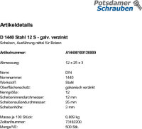 500 Scheiben für Bolzen DIN 1440 verzinkt 12