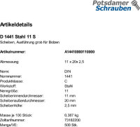 500 Scheiben für Bolzen DIN 1441 Stahl 11