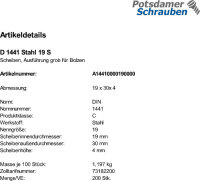 200 Scheiben für Bolzen DIN 1441 Stahl 19