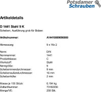 250 Scheiben für Bolzen DIN 1441 Stahl 9