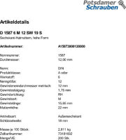 200 Hutmuttern DIN 1587 Kl. 6 Stahl M12