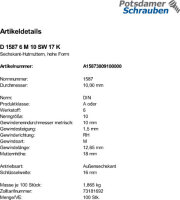 100 Hutmuttern DIN 1587 Kl. 6 Stahl M10