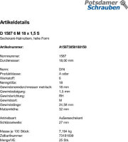 25 Feingewinde Hutmuttern DIN 1587 Kl. 6 Stahl M18x1,5