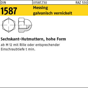 100 Messing Hutmuttern DIN 1587 vernickelt M6
