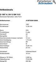 200 Edelstahl V2A Hutmuttern DIN 1587 A2 M12