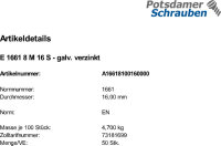 50 Sechskantmuttern EN 1661 8 M16 verzinkt Stahl