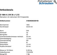 1 Nutmuttern DIN 1804 A2 M30x1,5 V2A Edelstahl