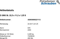 200 Tellerfedern DIN 2093 Federstahl 22,5x11,2x1,25