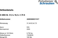 100 Tellerfedern DIN 2093 Federstahl 31,5x16,3x1,75