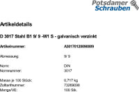100 Schlauchschellen DIN 3017 Stahl B1 9/ 9 -W1 verzinkt Zn