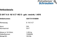 100 Schlauchschellen DIN 3017 A 8- 16/ 9 C7 -W2 verzinkt,...