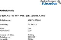 50 Schlauchschellen DIN 3017 A 32- 50/ 9 C7 -W2 verzinkt, 1.4016