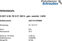 50 Schlauchschellen DIN 3017 A 50- 70/ 9 C7 -W2 verzinkt, 1.4016