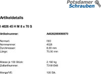 100 Inbus Gewindestifte ISO 4026 45H schwarz M8x70