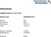 200 Inbus Feingewinde Gewindestifte ISO 4026 45H M14x1,5x12