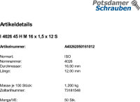 100 Inbus Feingewinde Gewindestifte ISO 4026 45H M16x1,5x12