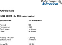 100 Inbus Gewindestifte ISO 4026 45H verzinkt M10x30