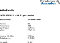 50 Inbus Gewindestifte ISO 4026 45H verzinkt M12x100
