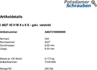 500 Inbus Gewindestifte ISO 4027 verzinkt 45H M8x8