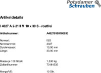 100 Edelstahl Inbus Gewindestifte ISO 4027 A1 / A2 M10x30