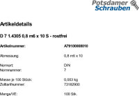 DIN 7 A 1 0,8 m6 x 10 rostfrei A 1 VE=S