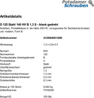 100 Unterlegscheiben DIN 125 Stahl blank 140HV Form B 1,3...