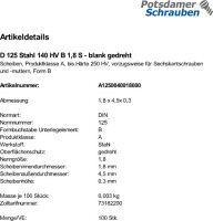 100 Unterlegscheiben DIN 125 Stahl blank 140HV Form B 1,8 Ã˜ M1,7