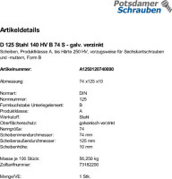 1 Unterlegscheiben DIN 125 verzinkt 140HV Form B 74