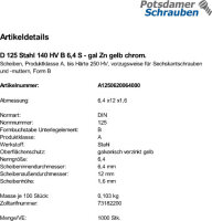 1000 Unterlegscheiben DIN 125 gelb chromatiert 140HV Form...