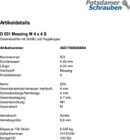 100 Schlitz Gewindestifte DIN 551 Messing M4x4