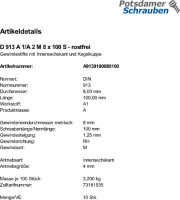 50 Edelstahl Inbus Gewindestifte DIN 913 A1 / A2 M8x100