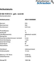 1000 Sechskantmuttern DIN 934 Kl. 10 verzinkt M6