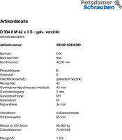 1 Feingewinde Sechskantmuttern DIN 934 Kl. 8 verzinkt M42x3