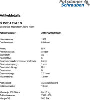 500 Edelstahl V2A Hutmuttern DIN 1587 A2 M6