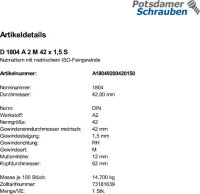 1 Nutmuttern DIN 1804 A2 M42x1,5 V2A Edelstahl