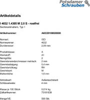 500 Edelstahl A1 Sechskantmuttern ISO 4032 1.4305 M2,0