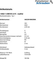 100 Edelstahl A1 Sechskantmuttern ISO 4032 1.4305 M2,5