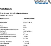50 Kegelpfannen DIN 6319 Stahl D 9,6 einsatzgehärtet