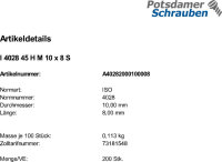 200 Inbus Gewindestifte ISO 4028 45H Stahl M10x8